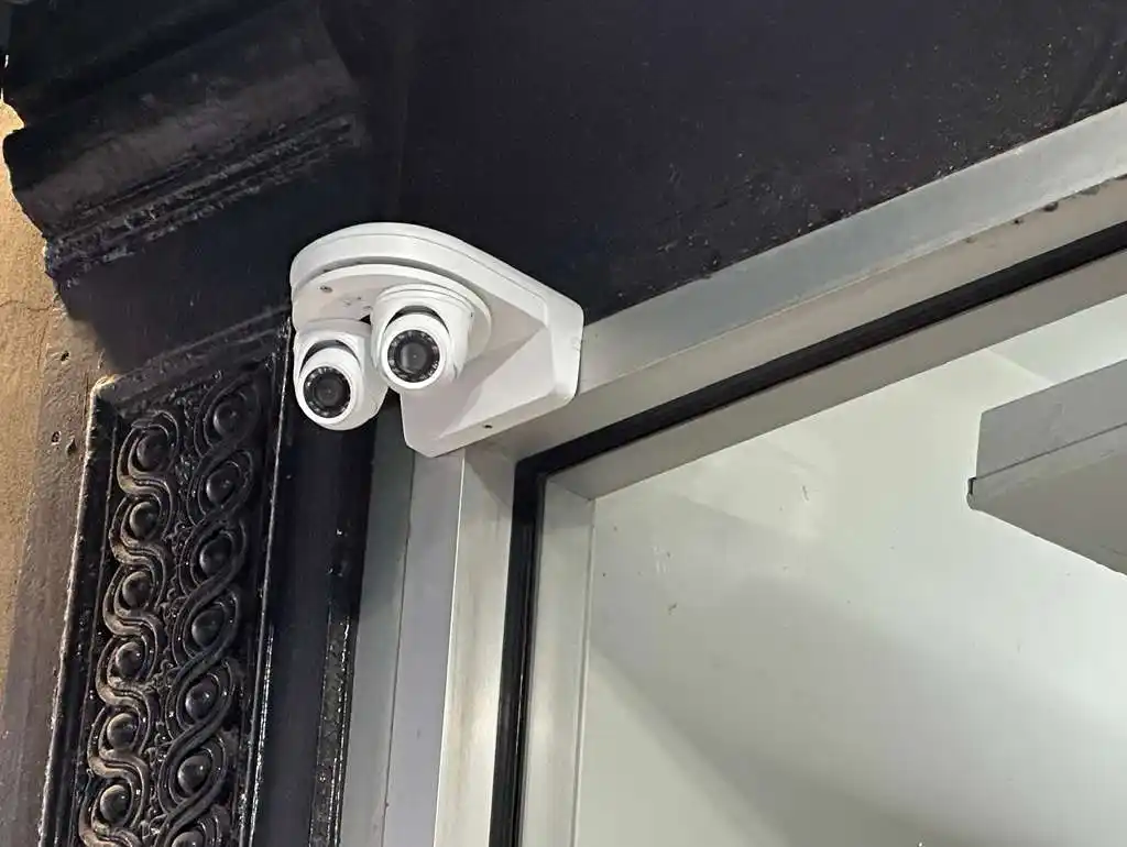 Two white mini-dome cameras installed above an ornate iron-framed building entrance