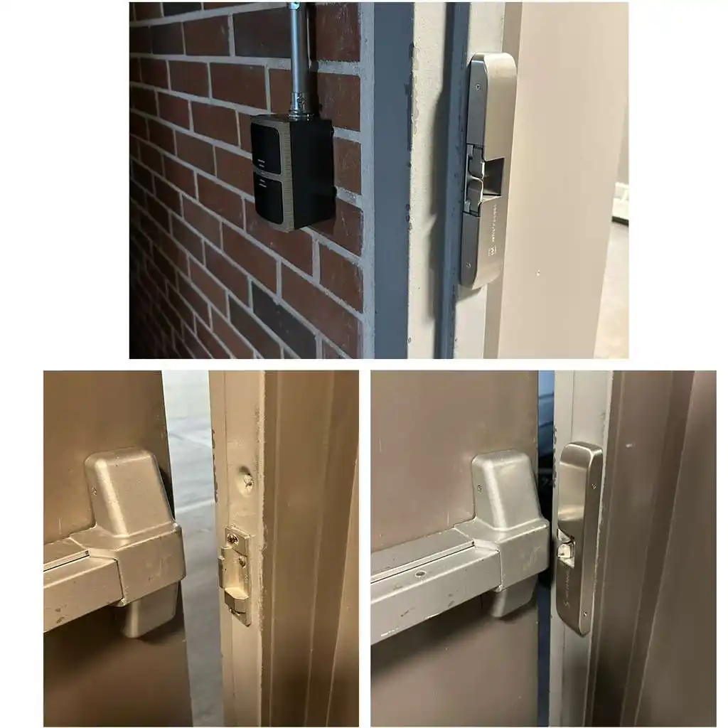 Card reader on brick wall, smart lock, and panic bar hardware on commercial doors