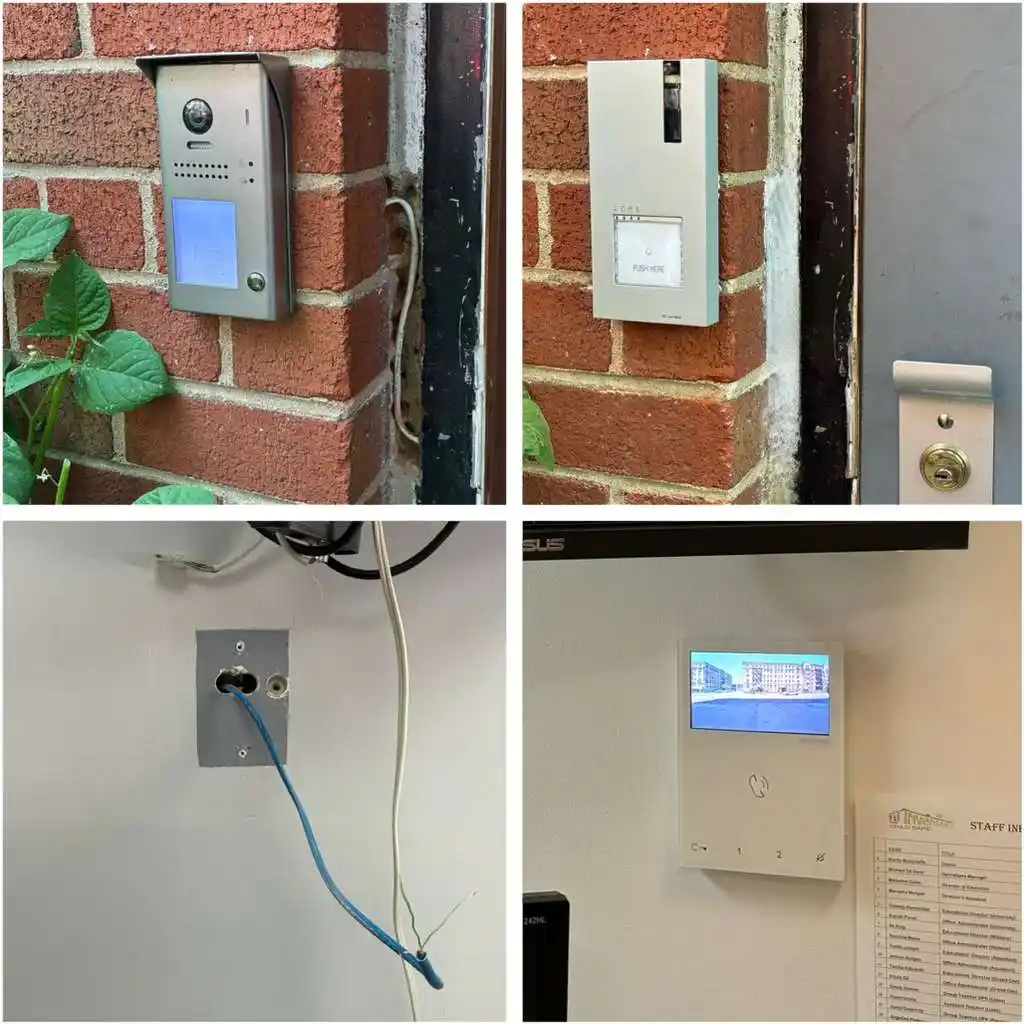 Collage of intercom installation: exterior video panel, keypad, prewire, and indoor monitor