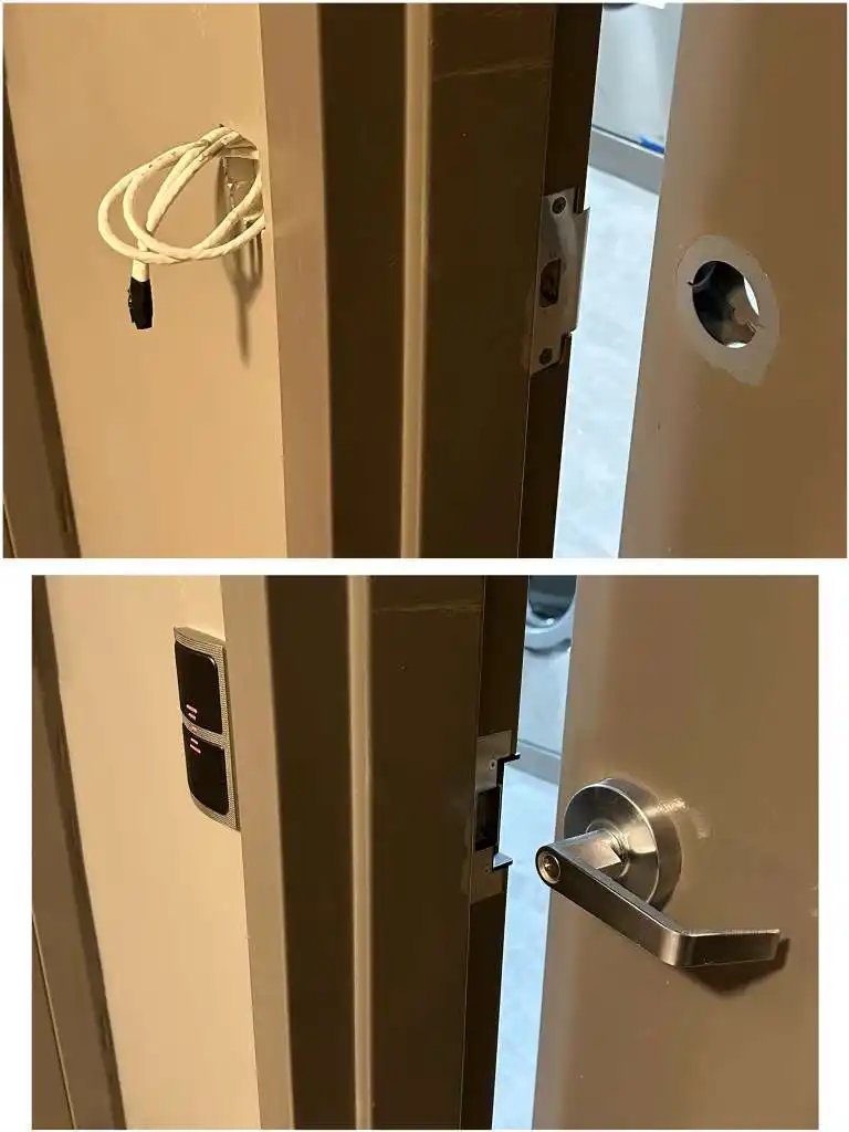 Before and after: door rough-in with cable and finished card reader with lever handle