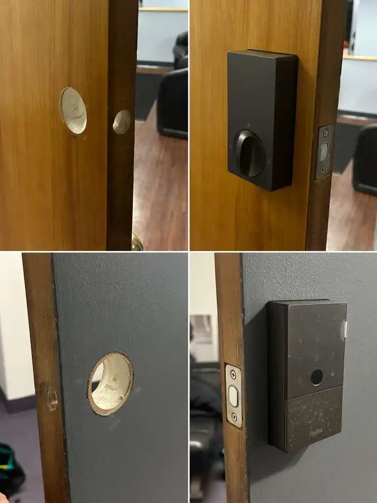 Before and after smart lock installation on a wood door with keypad and deadbolt