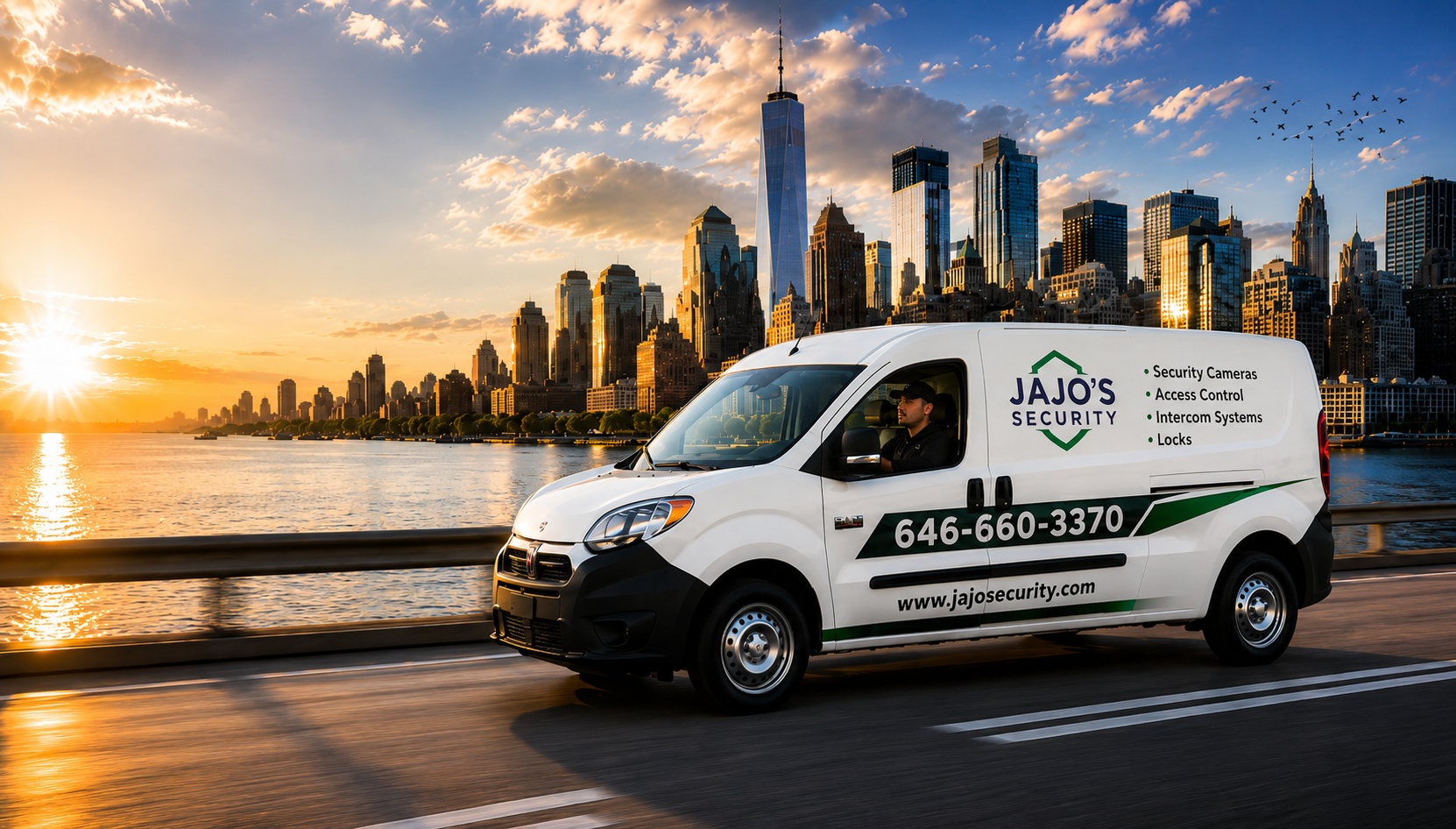 JAJO's Security service van driving in front of the Manhattan skyline