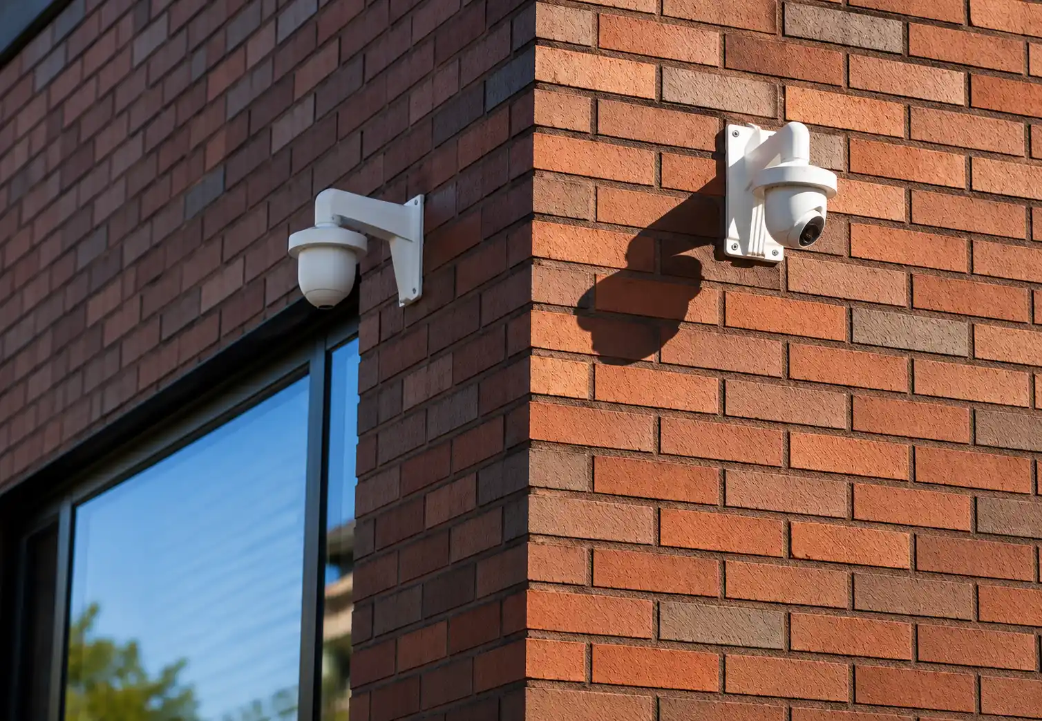 Two exterior security cameras installed on a brick building facade