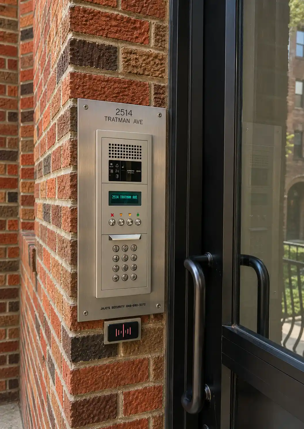 Multi-tenant intercom panel installed beside a glass entry door
