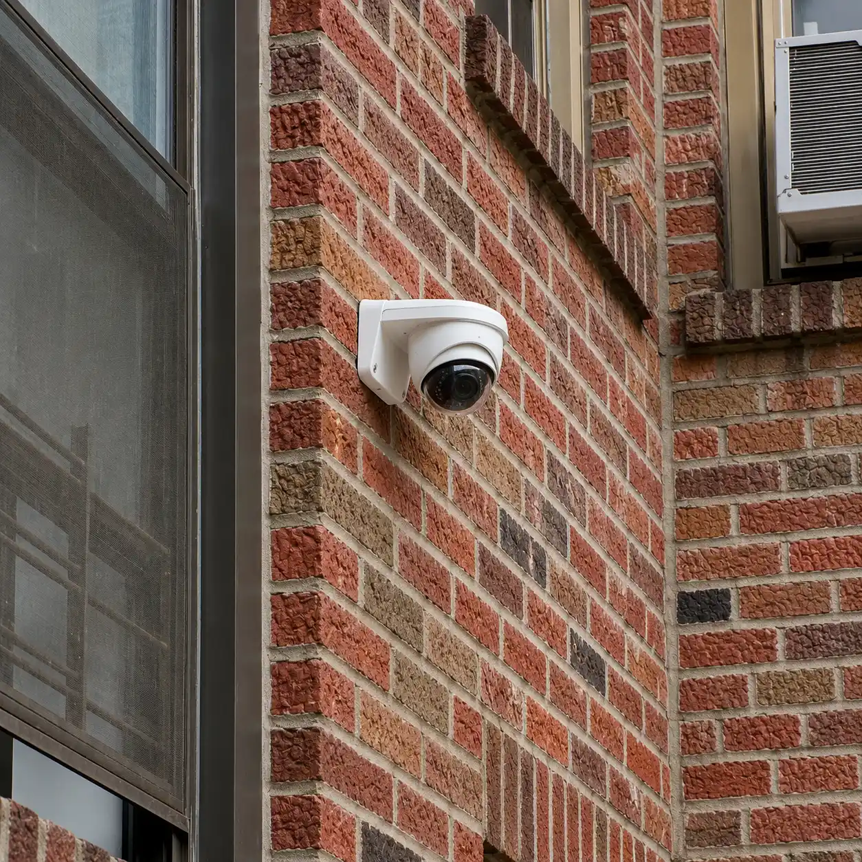 White dome security camera mounted on a brick wall near a window