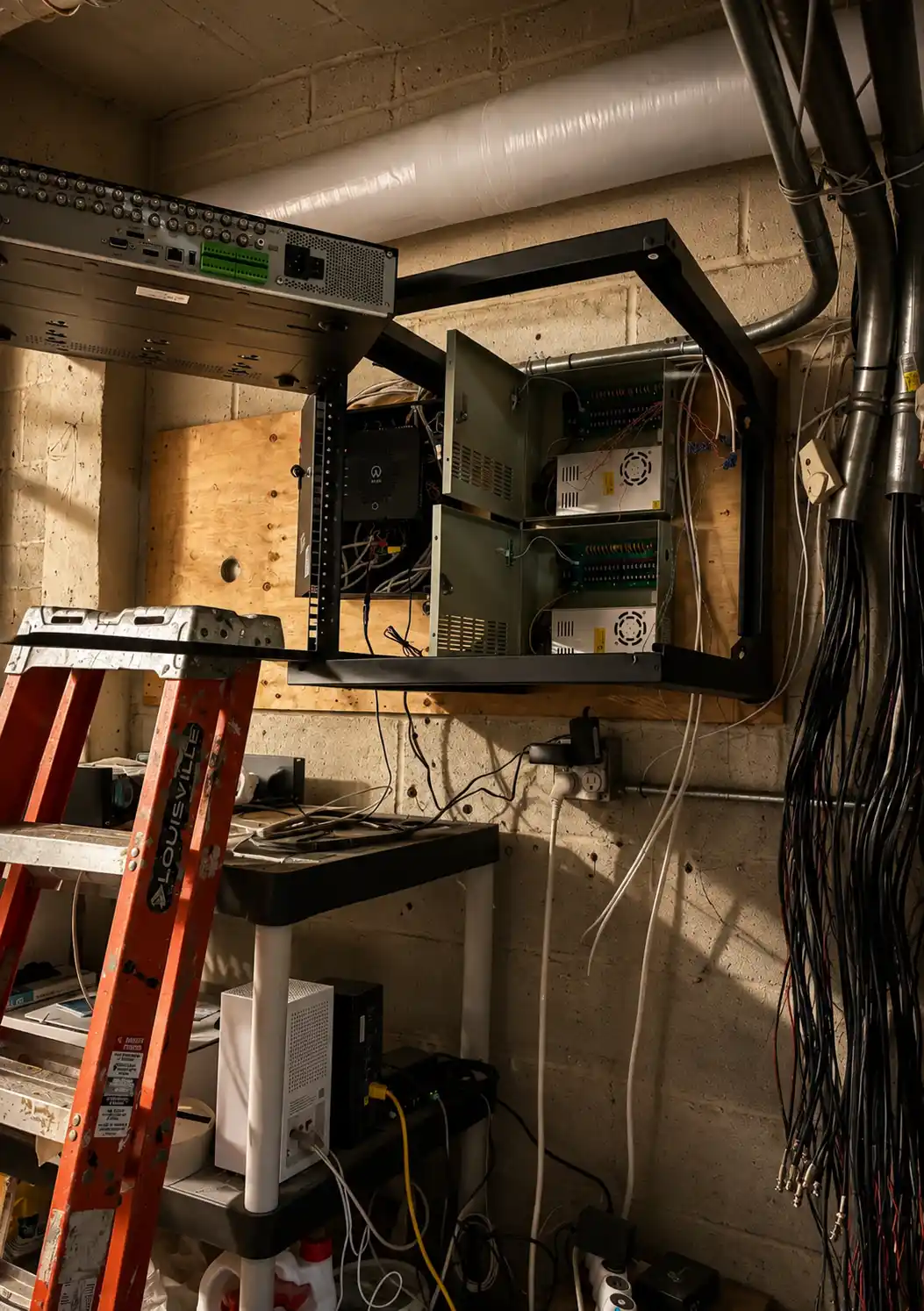 Wall-mounted network rack with organized low-voltage cabling