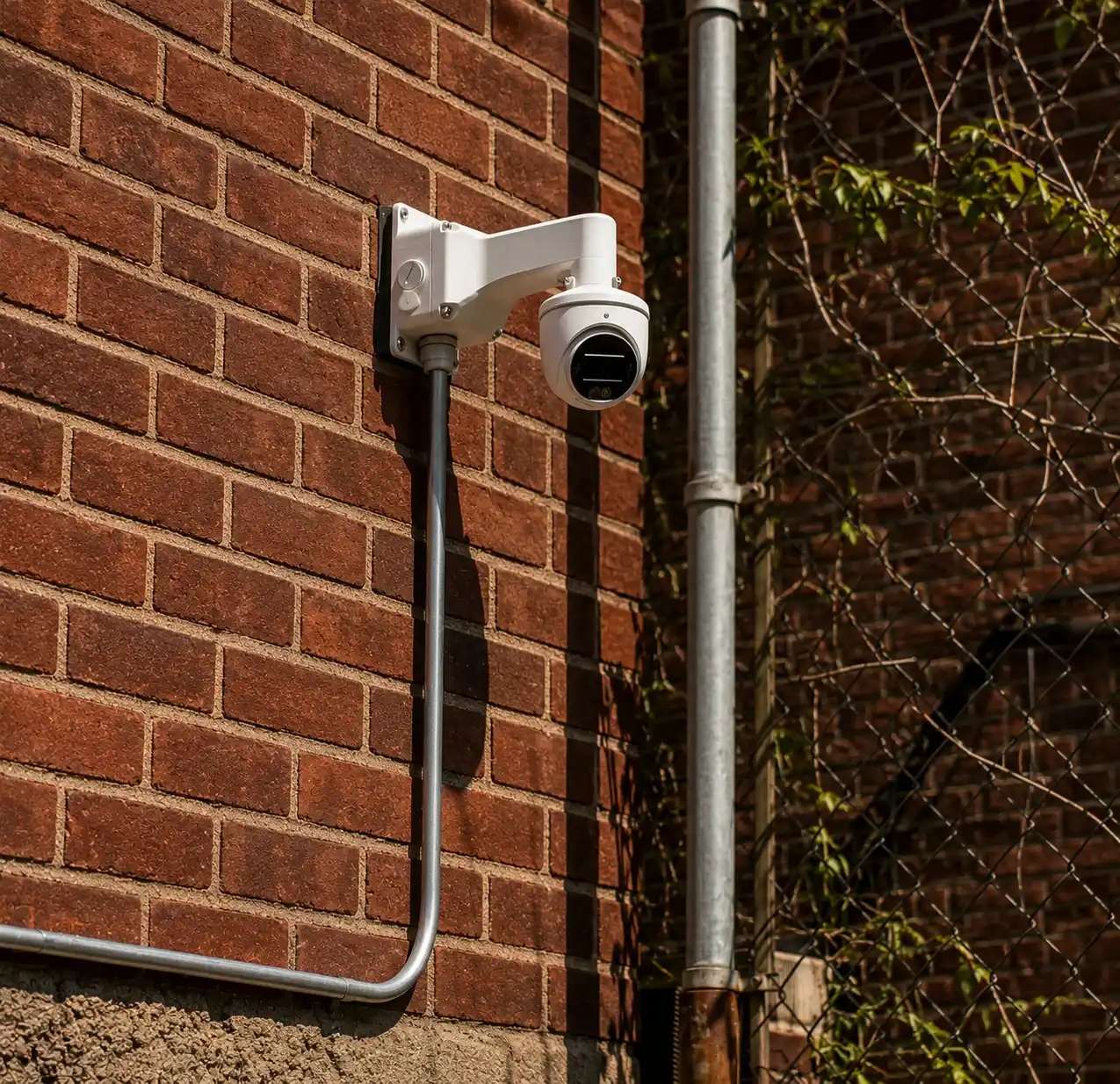 Exterior security camera installed on a brick wall with metal conduit