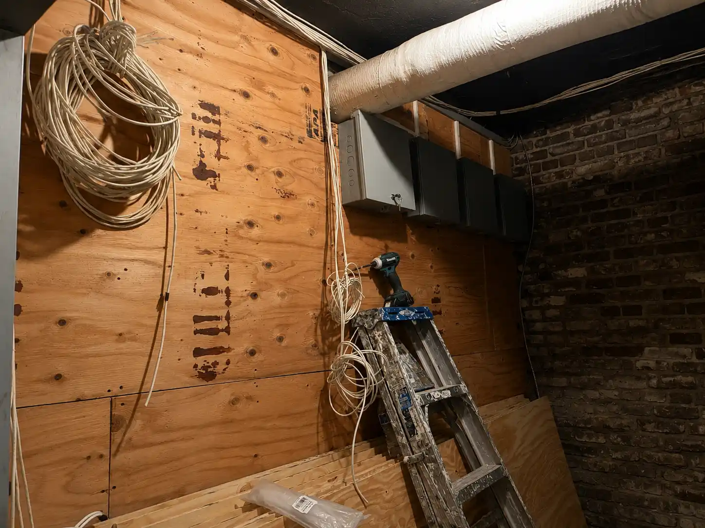 Low-voltage cabling rough-in on plywood backboard with ladder
