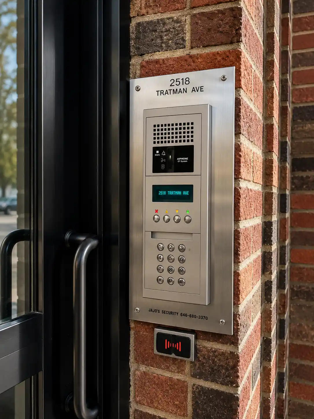 Video intercom and access reader installed beside a building entrance